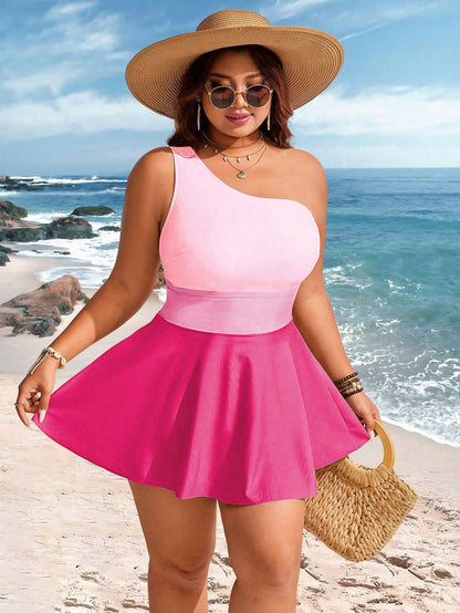 Swim Lushoire Plus Size Women 2pcs Contrast Color One Shoulder Cinched Waist Knee Length Casual Beach Dress Swimsuit