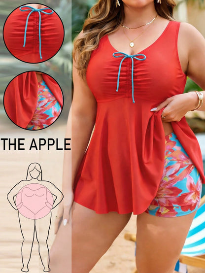 Swim Lushoire Plus Size Women 2pcs Random Print Tankini Swimwear Set, Front Drawstring Tummy Control, Minimalist Beach Vacation