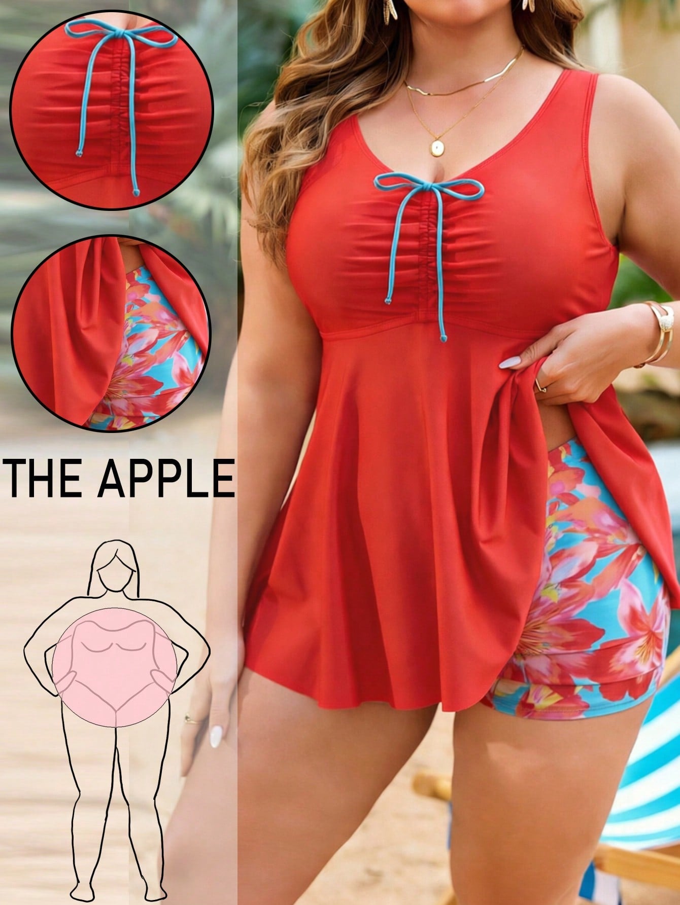 Swim Lushoire Plus Size Women 2pcs Random Print Tankini Swimwear Set, Front Drawstring Tummy Control, Minimalist Beach Vacation
