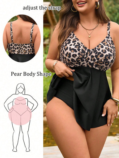 Swim Lushoire Plus Size Women 2pcs Set Beige Black Print Spaghetti Strap Criss-Cross Crop Top High Waist Triangle Bikini Bottom Set Summer Beach Vacation Sexy
