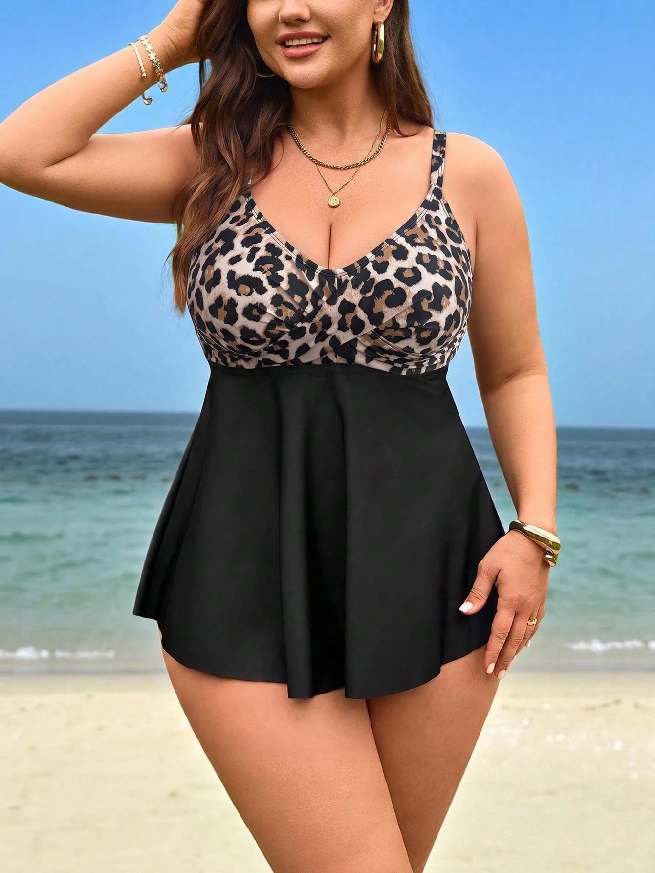 Swim Lushoire Plus Size Women 2pcs Set Beige Black Print Spaghetti Strap Criss-Cross Crop Top High Waist Triangle Bikini Bottom Set Summer Beach Vacation Sexy