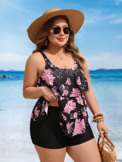 Swim Lushoire Plus Size Women 2pcs/Set Random Print Multi-Layer Ruffle Flattering Tummy Cover Beach Party Tankini Bikini Set Set