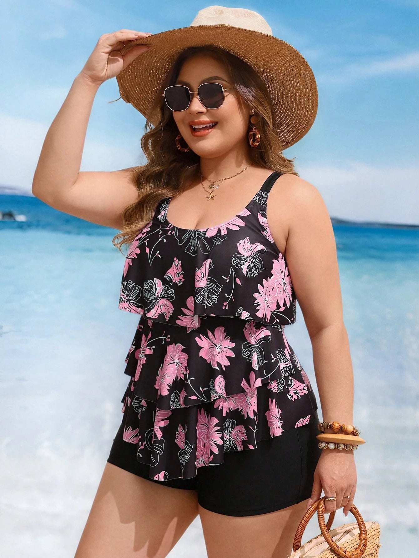 Swim Lushoire Plus Size Women 2pcs/Set Random Print Multi-Layer Ruffle Flattering Tummy Cover Beach Party Tankini Bikini Set Set