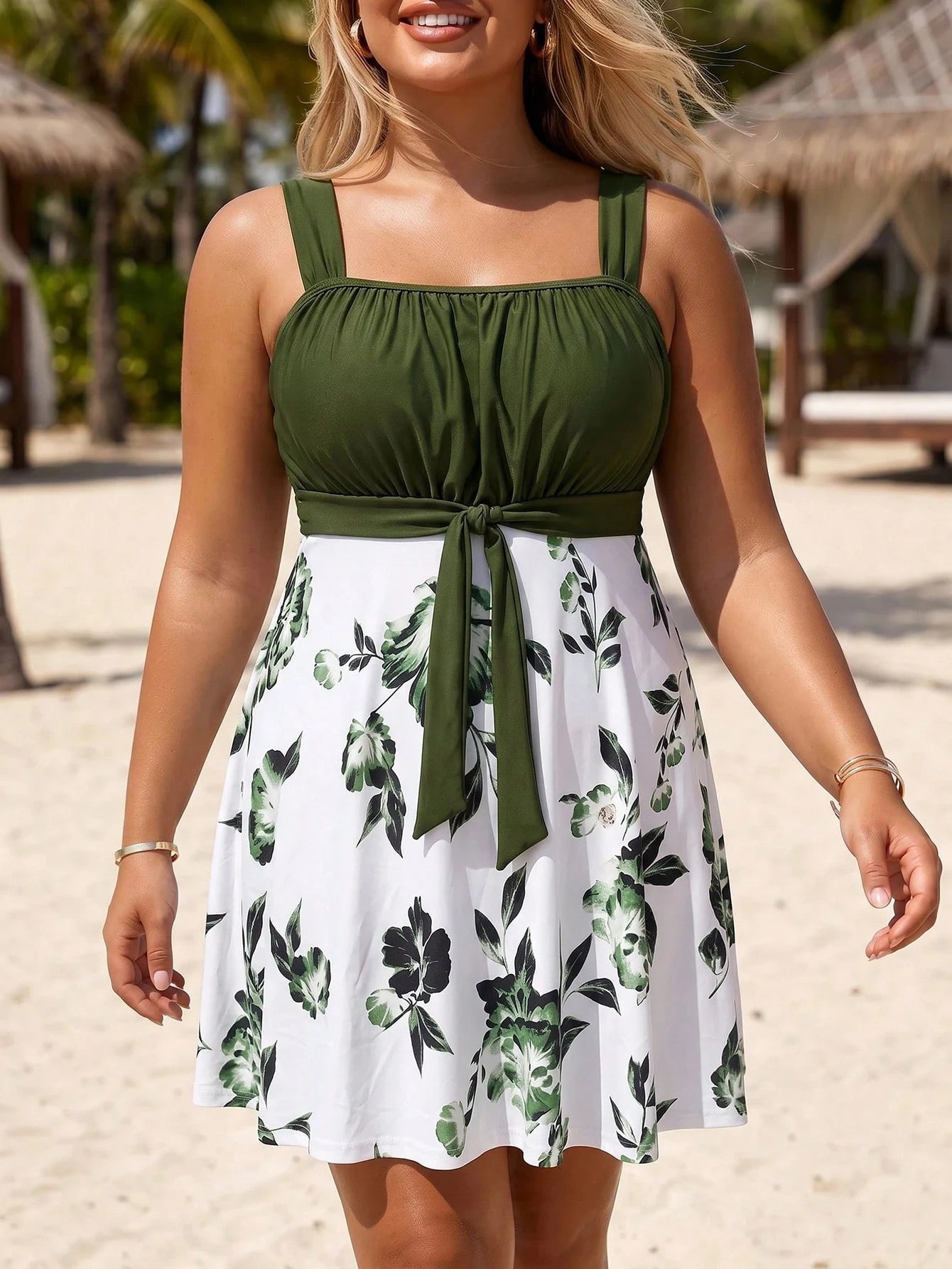 Swim Lushoire Plus Size Women 2pcs/Set Random Print Ruched Top & Solid Color Shorts Swimsuit Set, Loose Flattering Tankini Swimdress