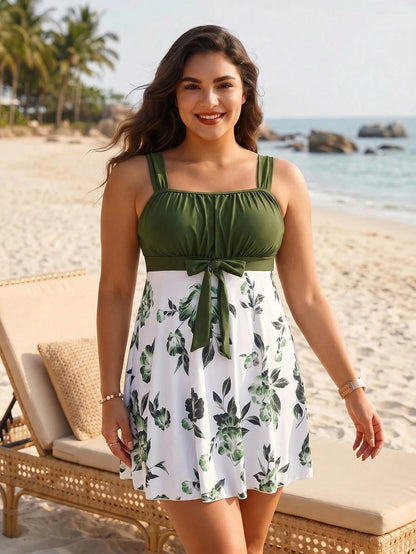 Swim Lushoire Plus Size Women 2pcs/Set Random Print Ruched Top & Solid Color Shorts Swimsuit Set, Loose Flattering Tankini Swimdress