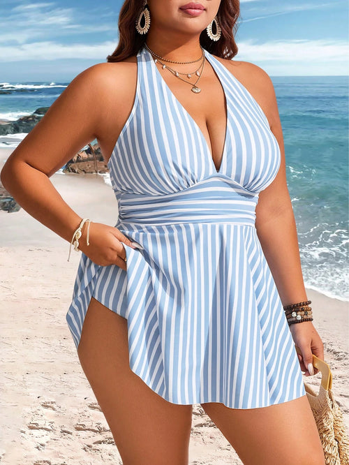 Swim Lushoire Plus Size Women 2pcs Striped Print Ruched Waist Halter Neck Bikini Set, Mature & Minimalist Design, Casual Holiday Swimwear For Summer Beach Vacation