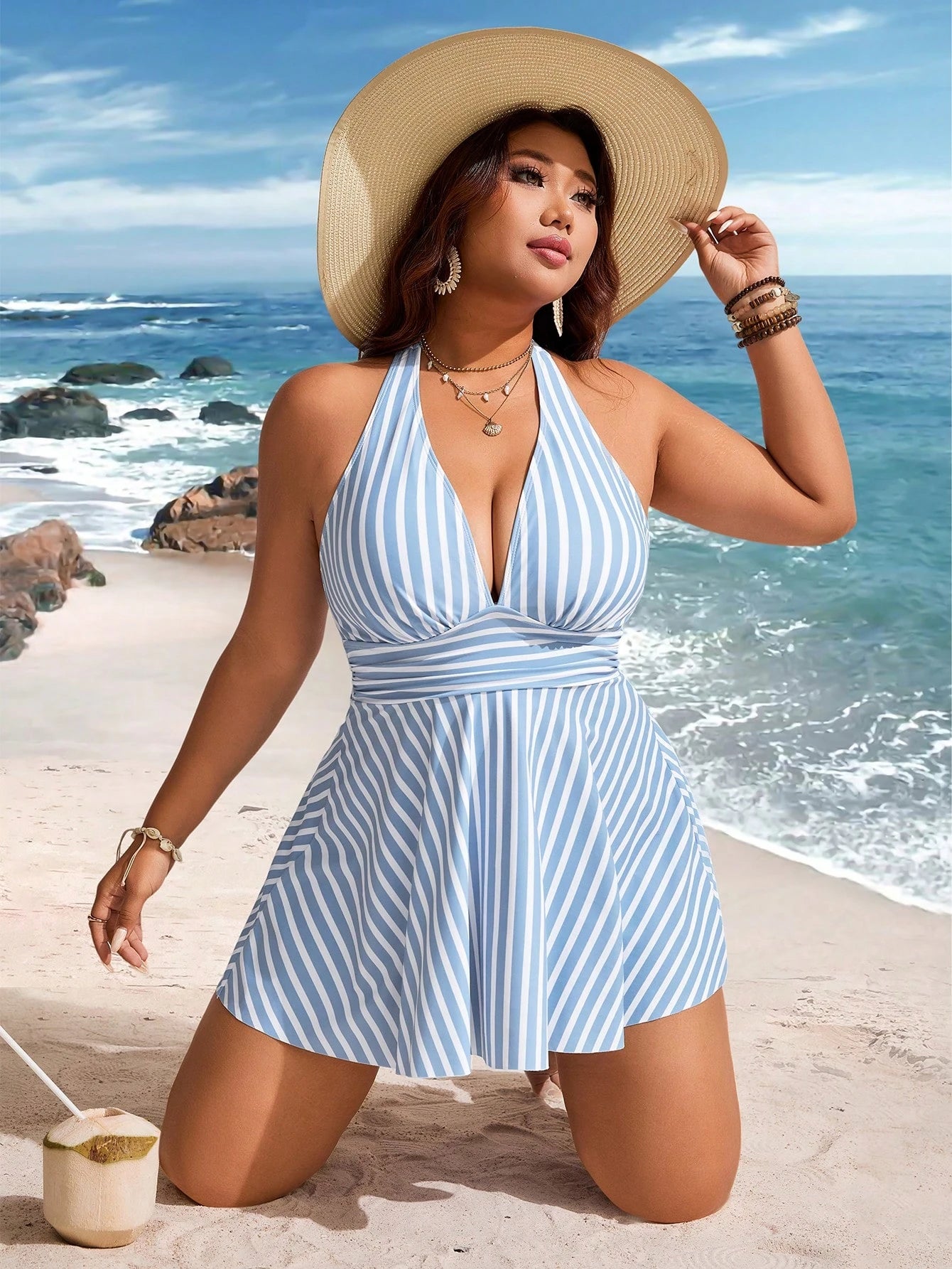 Swim Lushoire Plus Size Women 2pcs Striped Print Ruched Waist Halter Neck Bikini Set, Mature & Minimalist Design, Casual Holiday Swimwear For Summer Beach Vacation