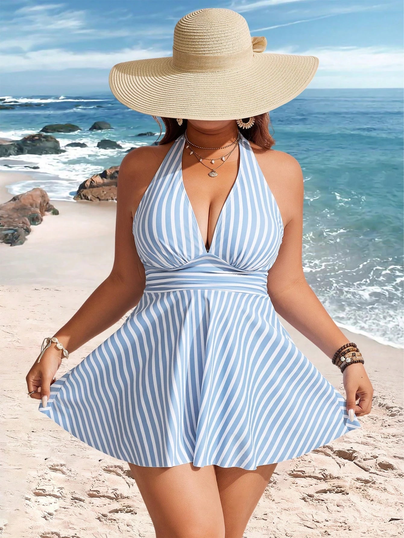 Swim Lushoire Plus Size Women 2pcs Striped Print Ruched Waist Halter Neck Bikini Set, Mature & Minimalist Design, Casual Holiday Swimwear For Summer Beach Vacation