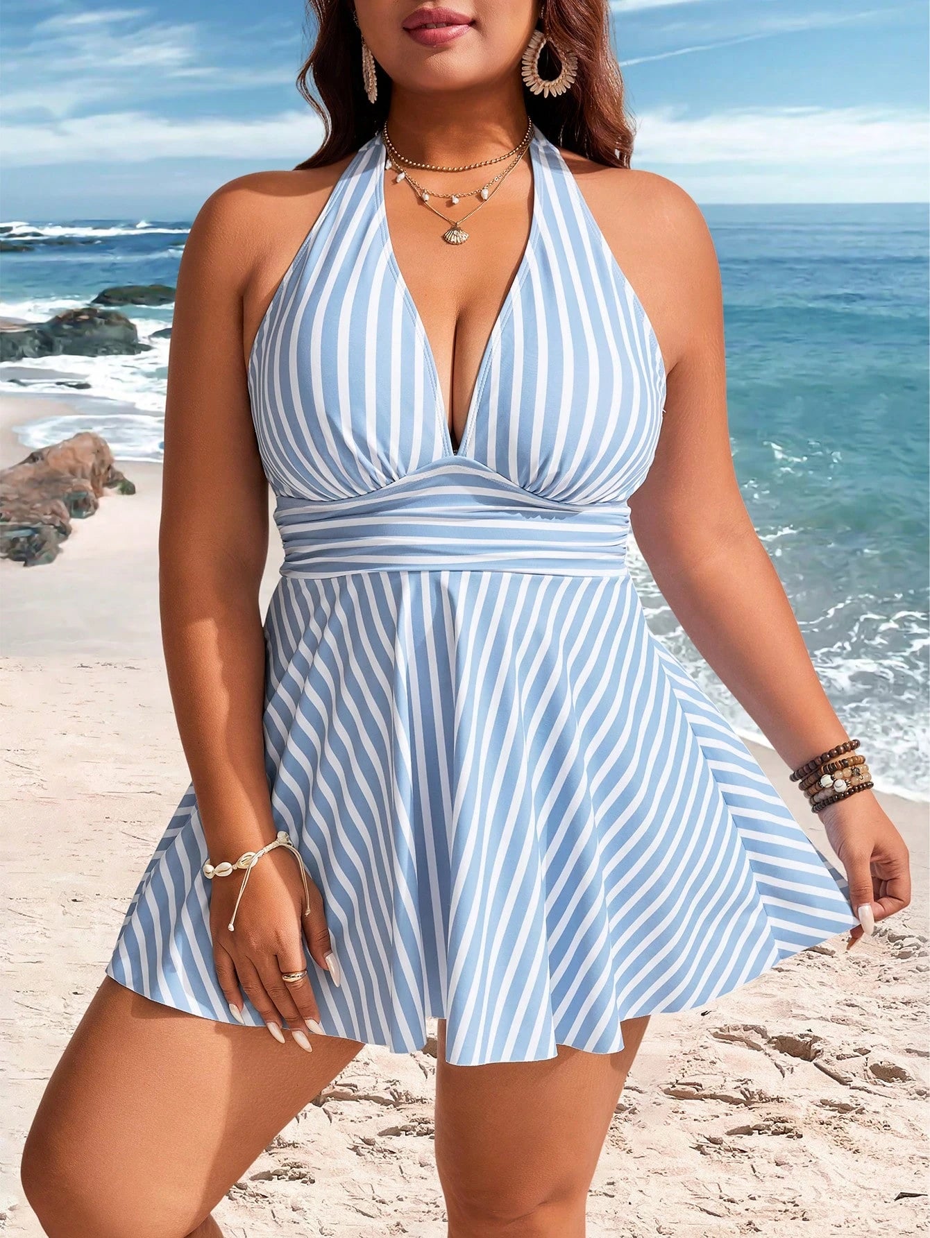 Swim Lushoire Plus Size Women 2pcs Striped Print Ruched Waist Halter Neck Bikini Set, Mature & Minimalist Design, Casual Holiday Swimwear For Summer Beach Vacation