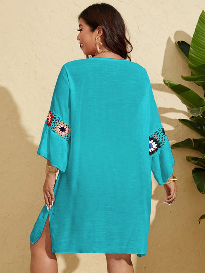 Swim Lushoire Plus Size Women 3/4 Sleeve Crochet Knitted Loose Casual Pullover Beach Cover Up For Summer Beach Vacation