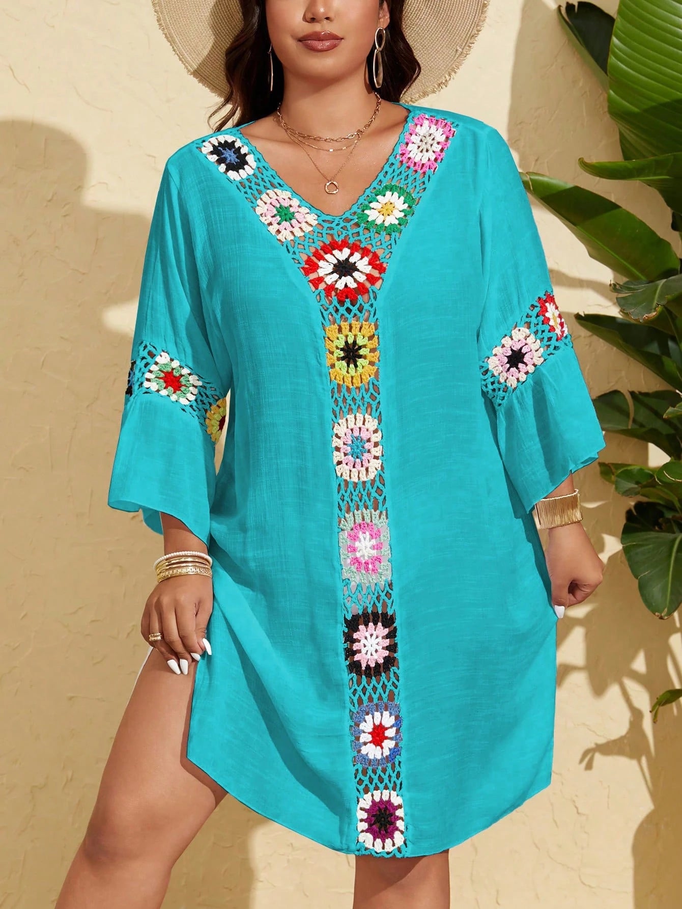 Swim Lushoire Plus Size Women 3/4 Sleeve Crochet Knitted Loose Casual Pullover Beach Cover Up For Summer Beach Vacation