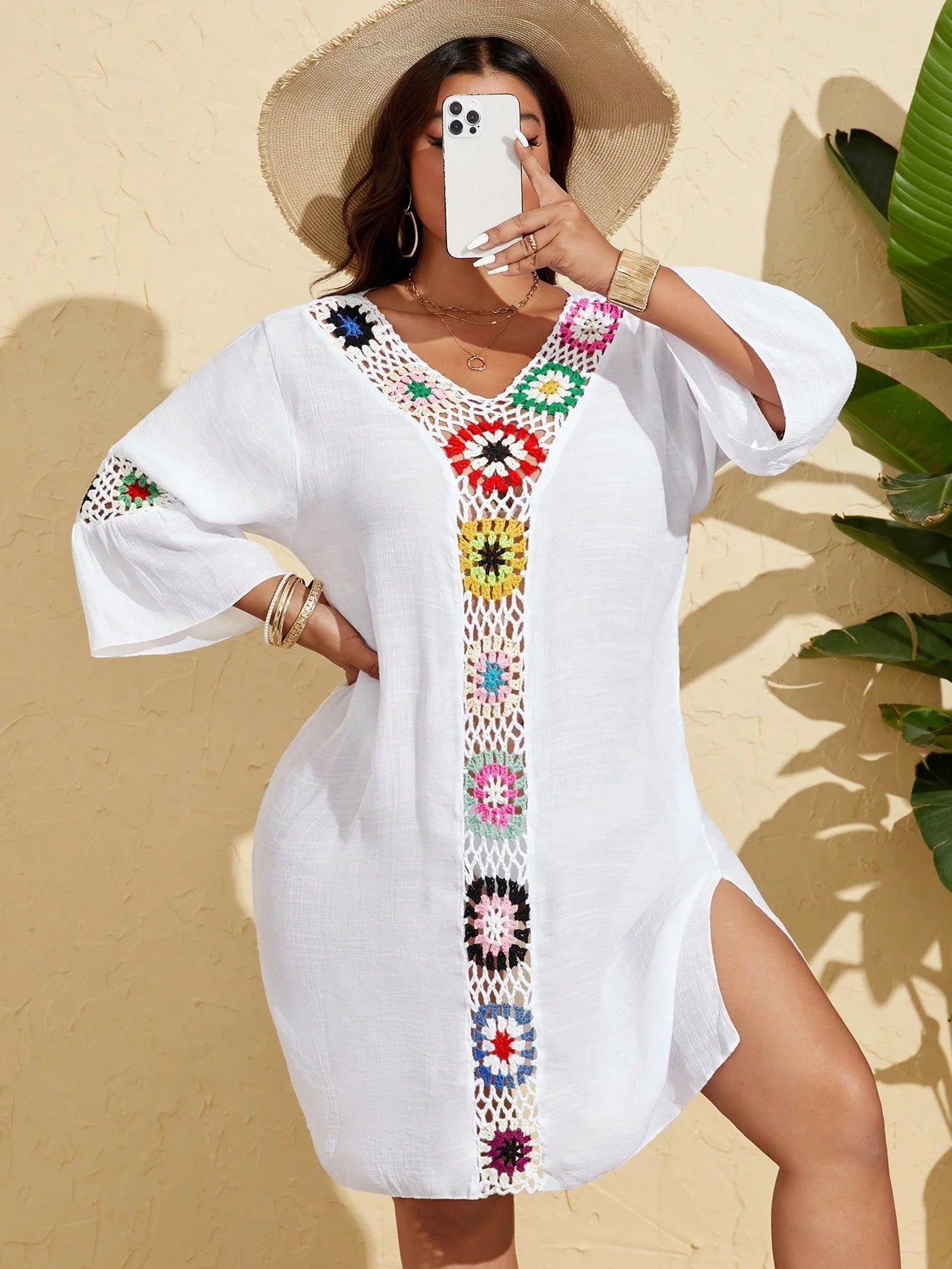 Swim Lushoire Plus Size Women 3/4 Sleeve Crochet Knitted Loose Casual Pullover Beach Cover Up For Summer Beach Vacation