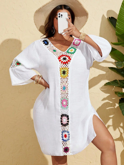 Swim Lushoire Plus Size Women 3/4 Sleeve Crochet Knitted Loose Casual Pullover Beach Cover Up For Summer Beach Vacation