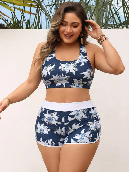 Swim Lushoire Plus Size Women 3-Piece Swimwear Set, Random Floral Print Sleeveless Cover-Up, Racerback Bra Top Shorts, Beach, Pool Sports Navy Blue Summer