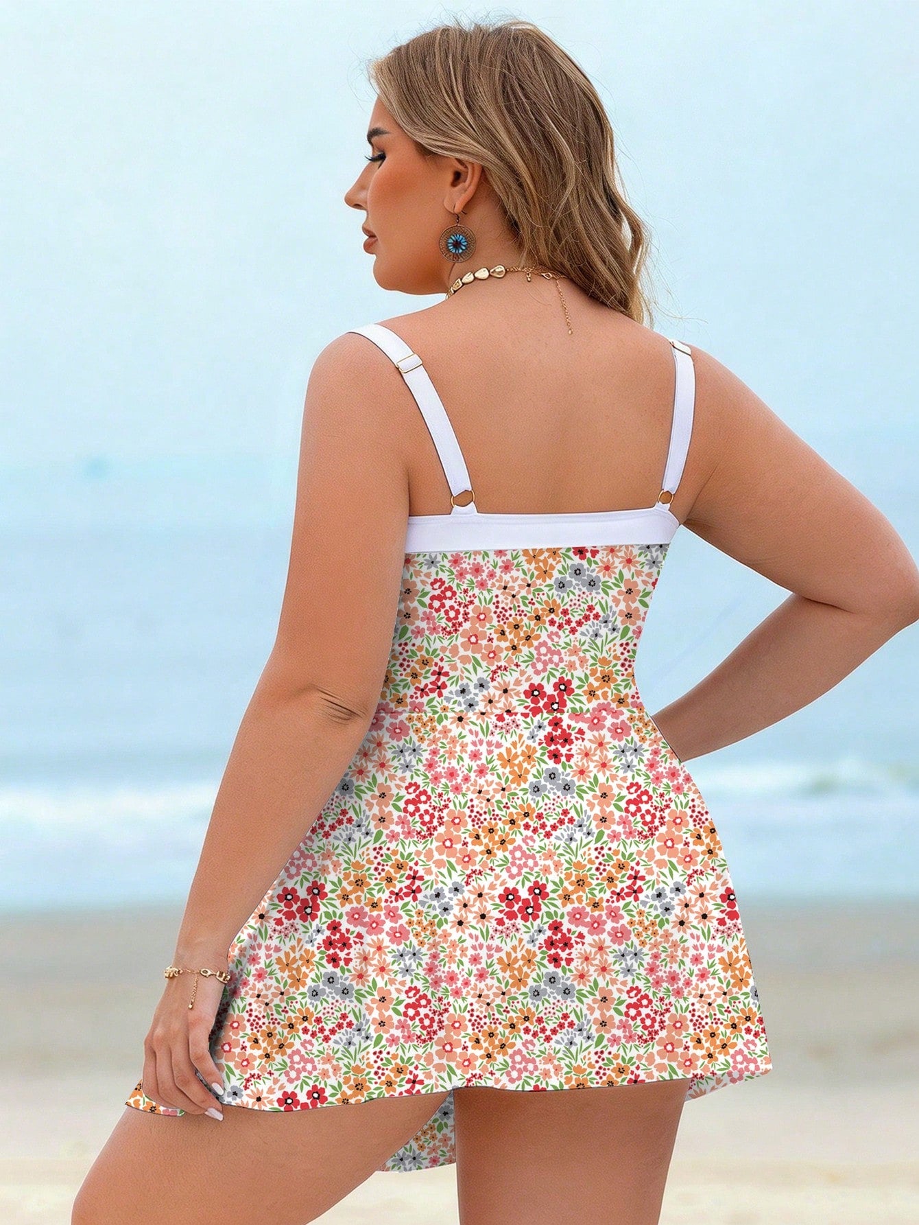 Swim Lushoire Plus Size Women Black & White Color Block Pleated Adjustable Strap Elegant Sexy Beach Skirt For Summer Beach Vacation