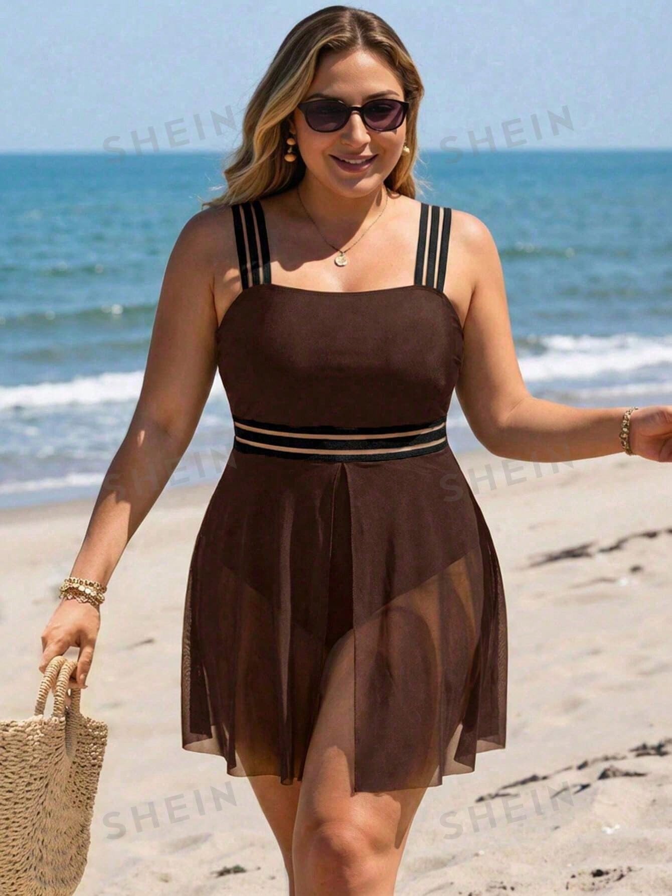 Swim Lushoire Plus Size Women Contrast Color Mesh Hem One-Piece Swimsuit, Casual Beach Vacation