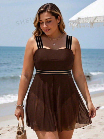 Swim Lushoire Plus Size Women Contrast Color Mesh Hem One-Piece Swimsuit, Casual Beach Vacation