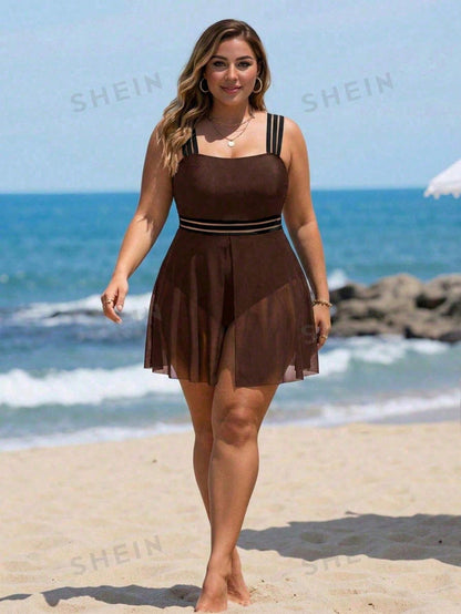 Swim Lushoire Plus Size Women Contrast Color Mesh Hem One-Piece Swimsuit, Casual Beach Vacation