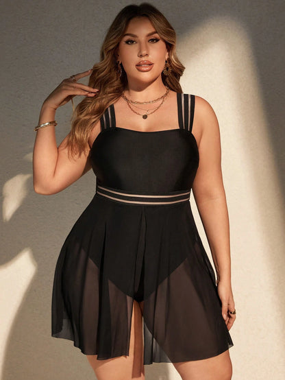 Swim Lushoire Plus Size Women Contrast Color Mesh Hem One-Piece Swimsuit, Casual Beach Vacation