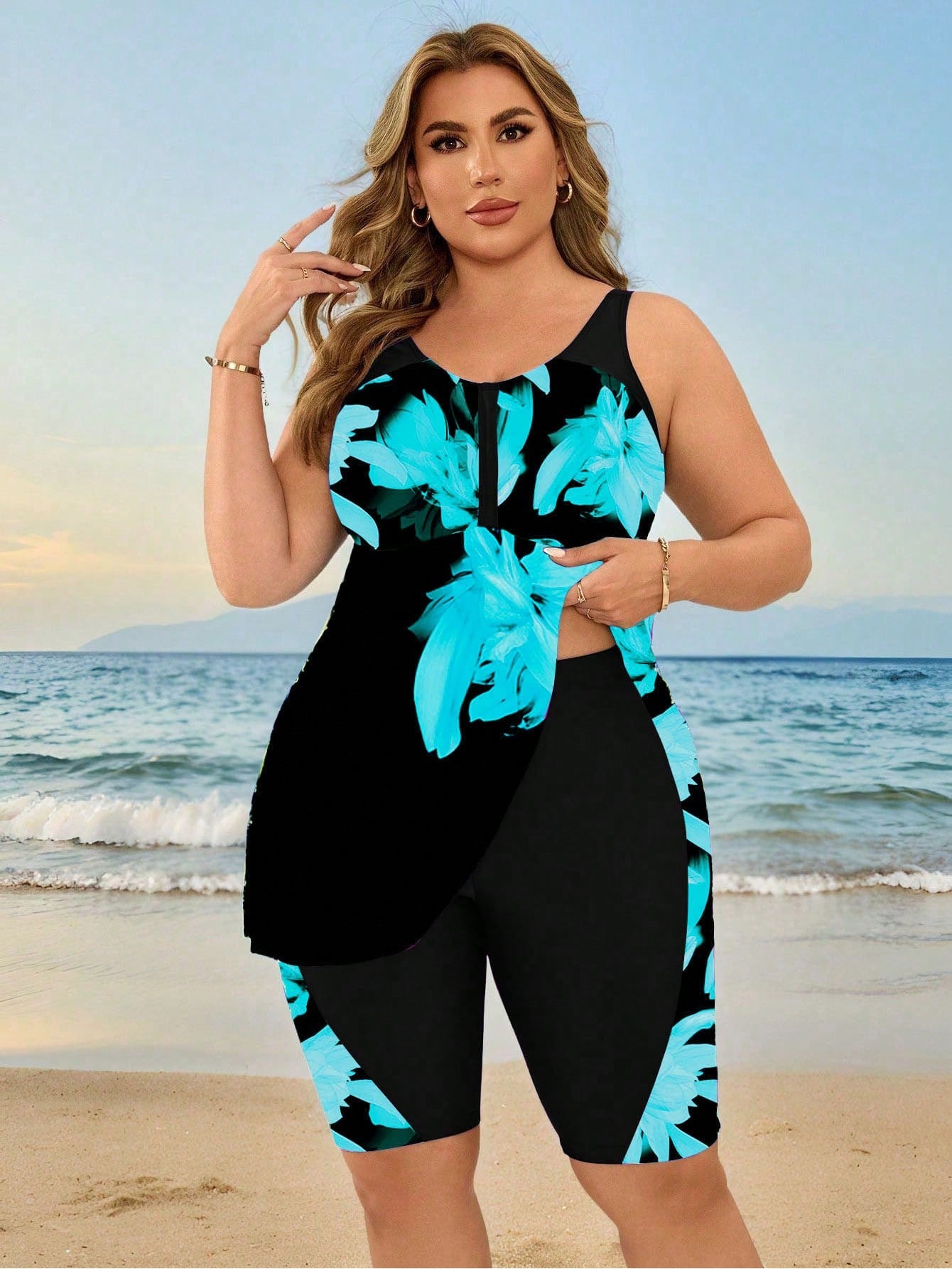Swim Lushoire Plus Size Women Floral Digital Print Conservative Tankini Swimwear, Slimming Beach Party Holiday Swimwear For Moms