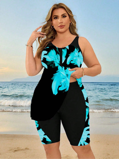 Swim Lushoire Plus Size Women Floral Digital Print Conservative Tankini Swimwear, Slimming Beach Party Holiday Swimwear For Moms