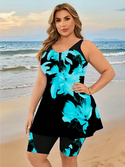 Swim Lushoire Plus Size Women Floral Digital Print Conservative Tankini Swimwear, Slimming Beach Party Holiday Swimwear For Moms