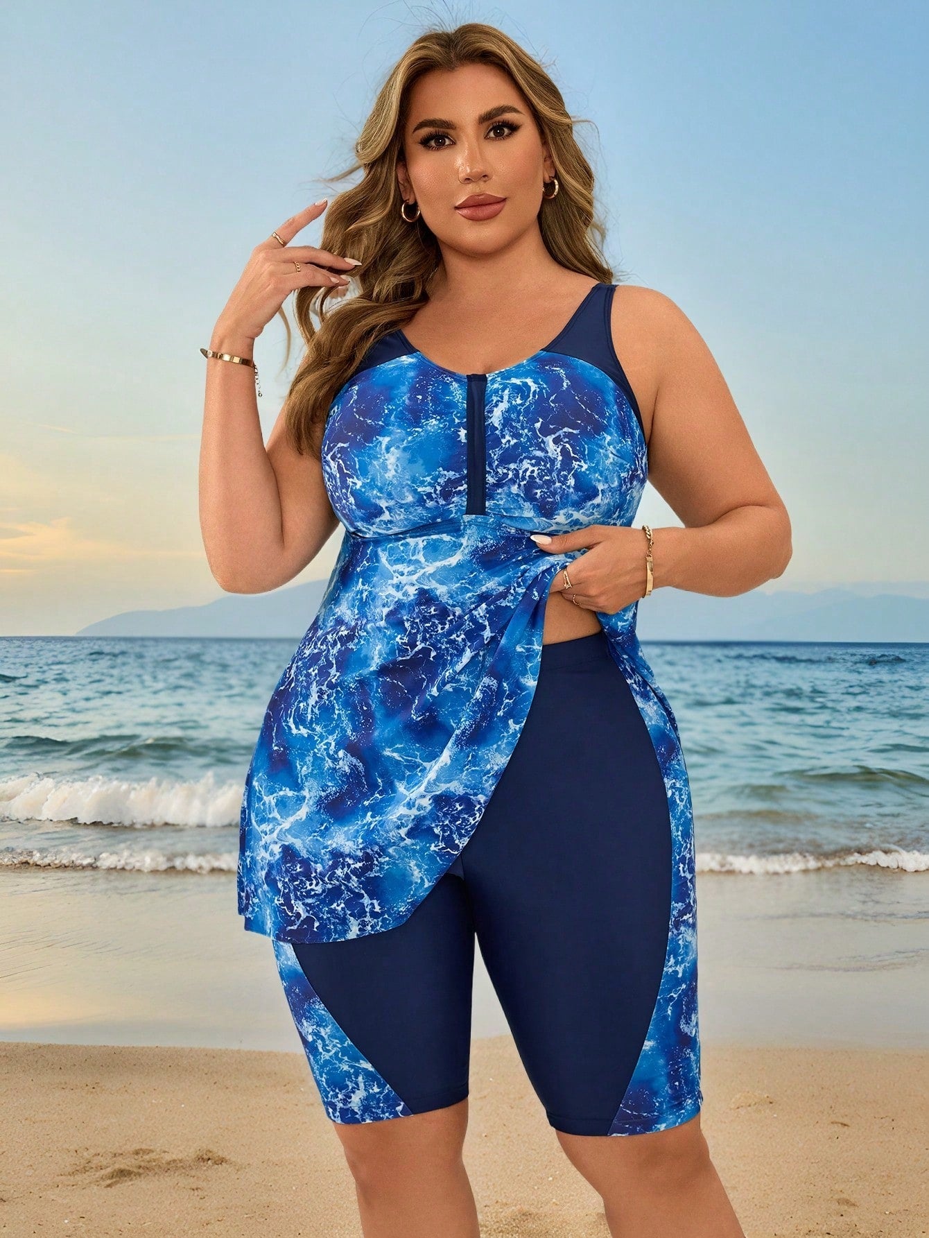 Swim Lushoire Plus Size Women Floral Digital Print Conservative Tankini Swimwear, Slimming Beach Party Holiday Swimwear For Moms