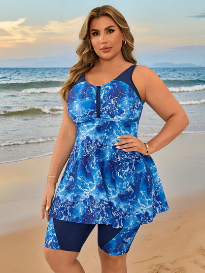 Swim Lushoire Plus Size Women Floral Digital Print Conservative Tankini Swimwear, Slimming Beach Party Holiday Swimwear For Moms