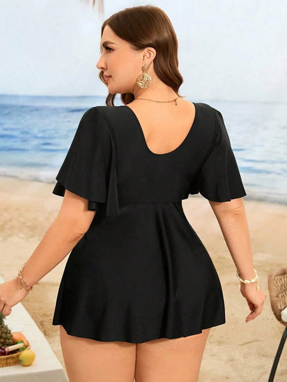 Swim Lushoire Plus Size Women's Black 2 Pieces Swimwear,Summer Classy Formal Beach Evening Holiday Resort Style,Metal Hardware,Ruffled Sleeve,High Waisted Bottom