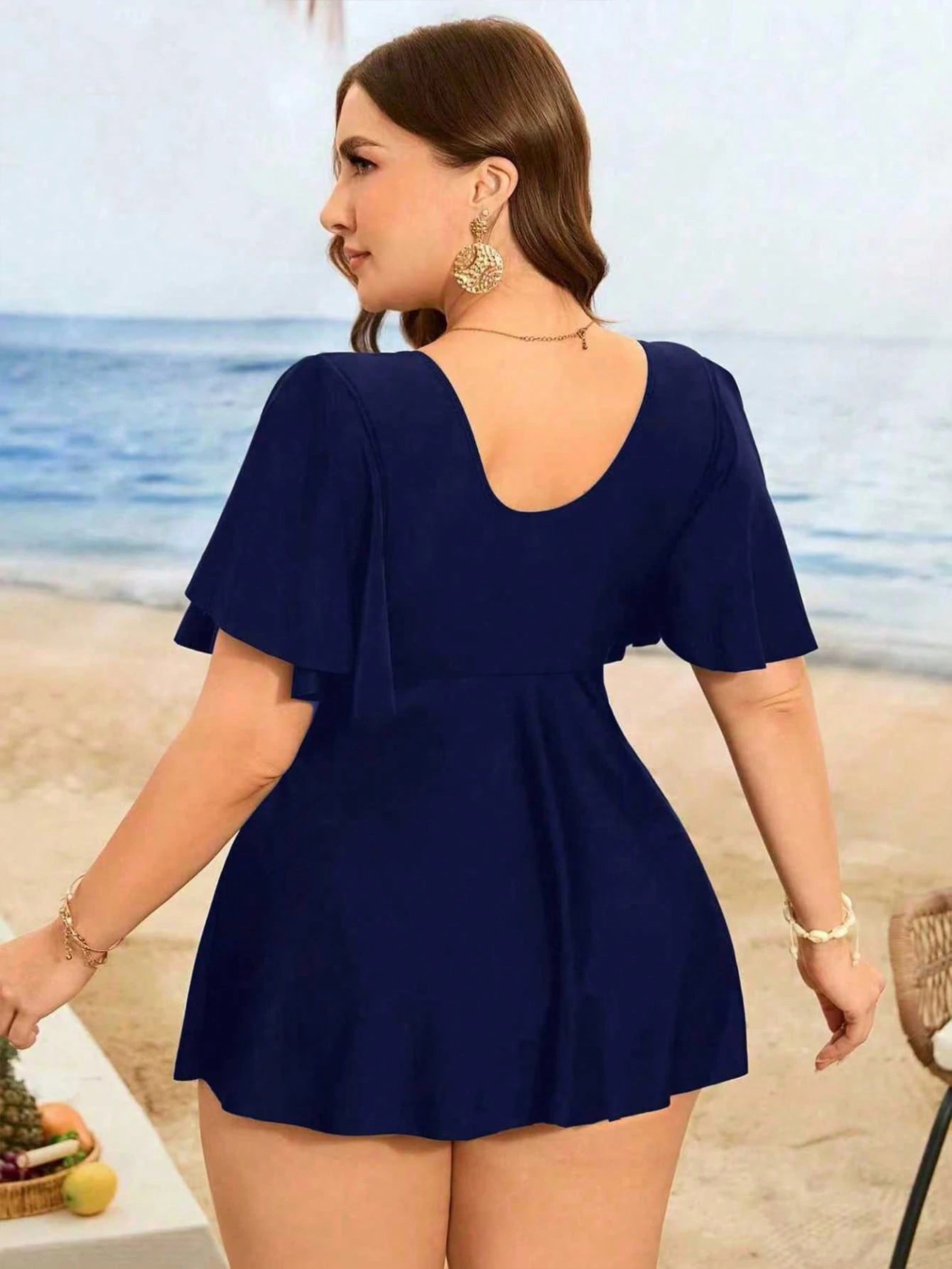 Swim Lushoire Plus Size Women's Black 2 Pieces Swimwear,Summer Classy Formal Beach Evening Holiday Resort Style,Metal Hardware,Ruffled Sleeve,High Waisted Bottom