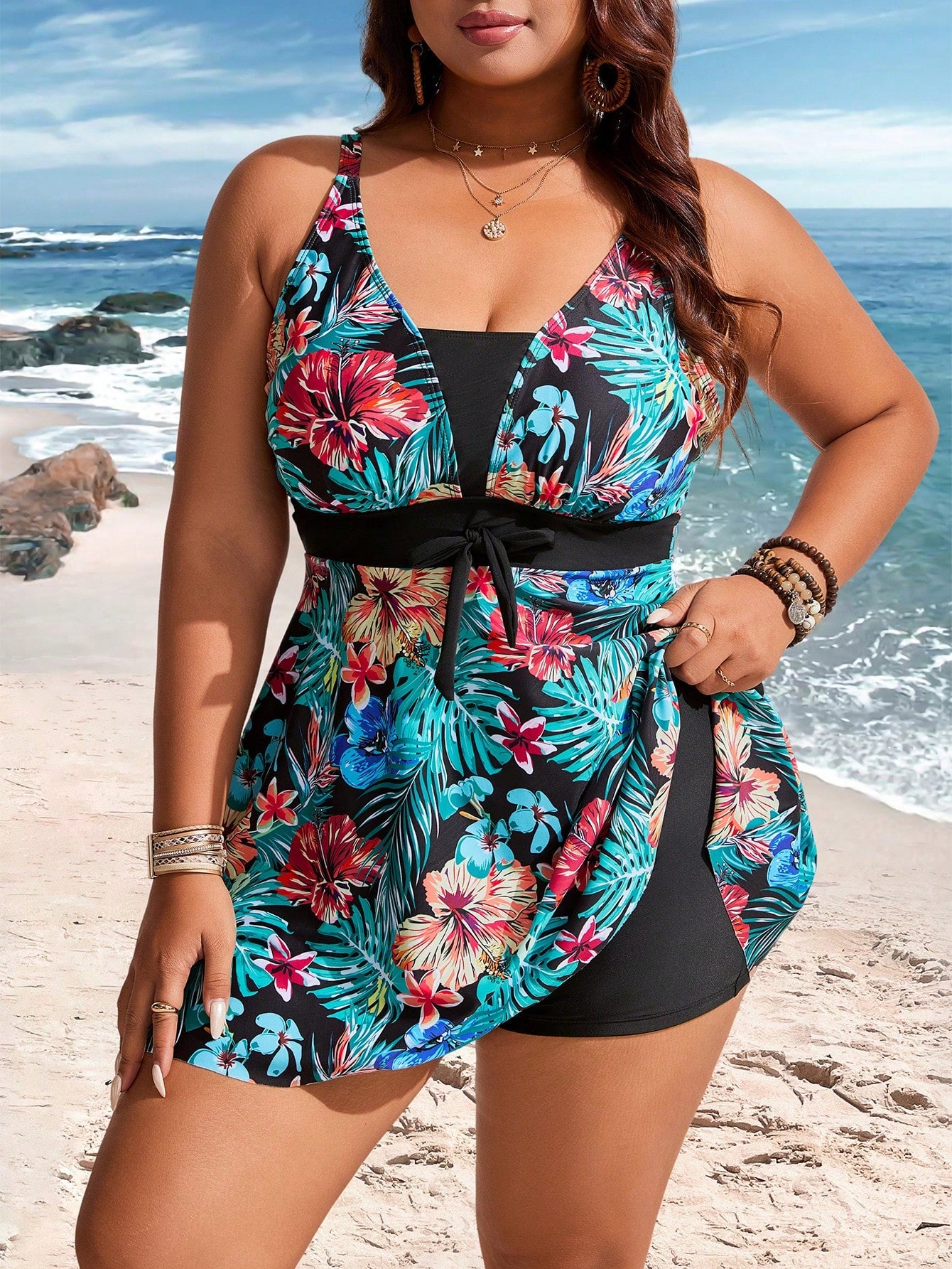 Swim Lushoire Plus Size Women's Botanical Print Swim Dress With Boy Shorts