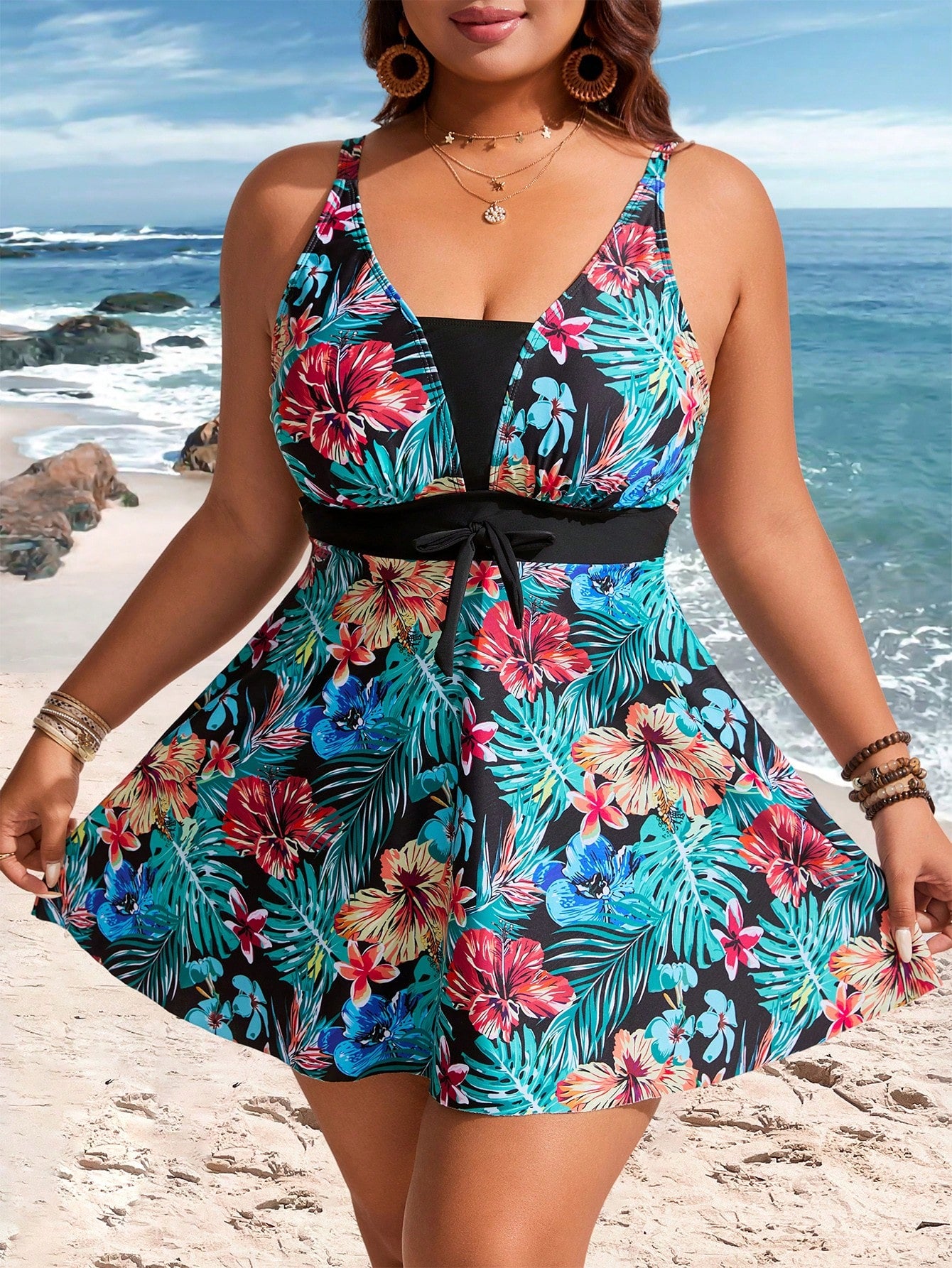 Swim Lushoire Plus Size Women's Botanical Print Swim Dress With Boy Shorts