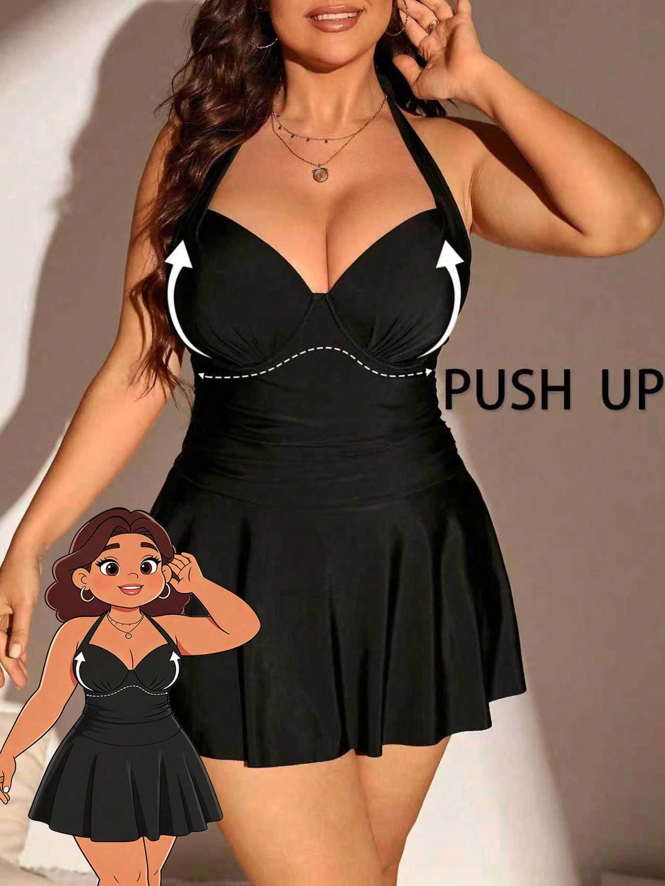 Swim Lushoire Plus Size Women's Leopard Print Pleated Halter Neck Casual Vacation Beach Swim Dress