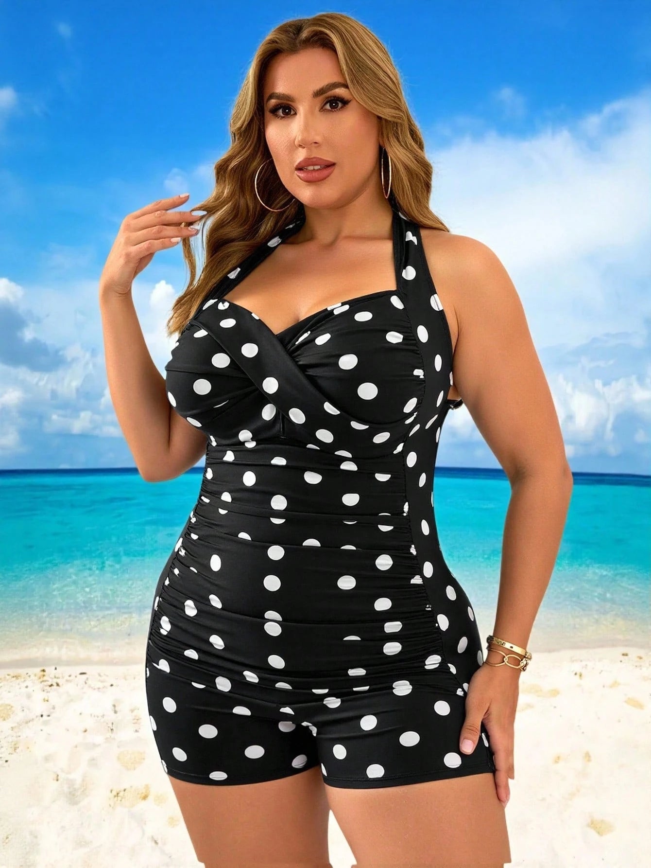 Swim Lushoire Plus Size Women's Polka Dot Halter Criss-Cross Pleated Slim-Fit Shorts One-Piece Swimsuit,Black,Summer,1920s Flapper,Beach,Holiday Elegant Beachwear