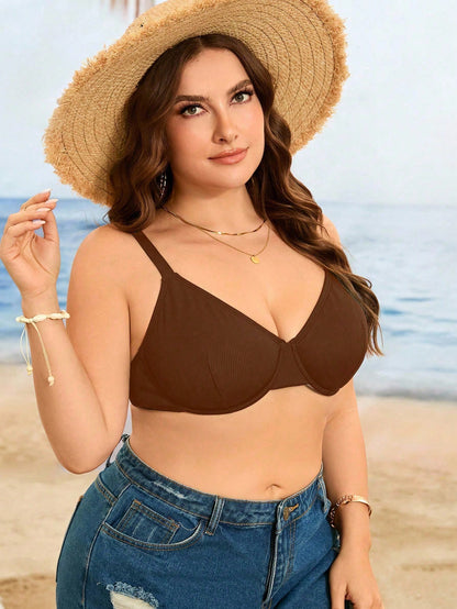 Swim Lushoire Plus Size Women's Simple Solid Color Ribbed Underwire Bikini Top, Suitable For Summer Beach Vacation
