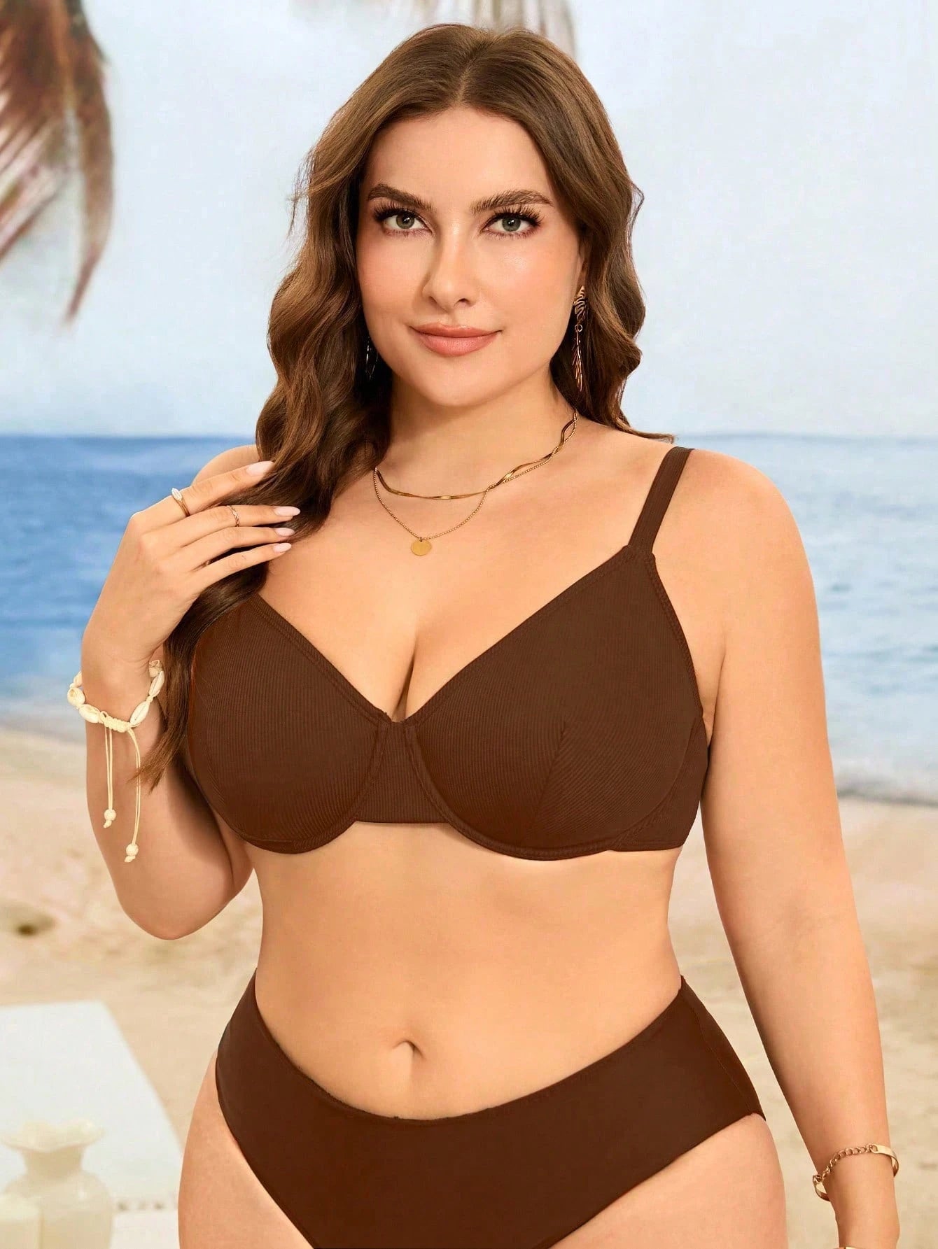 Swim Lushoire Plus Size Women's Simple Solid Color Ribbed Underwire Bikini Top, Suitable For Summer Beach Vacation