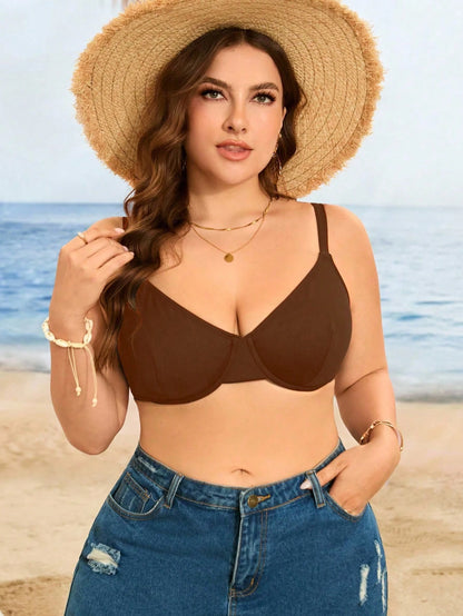 Swim Lushoire Plus Size Women's Simple Solid Color Ribbed Underwire Bikini Top, Suitable For Summer Beach Vacation