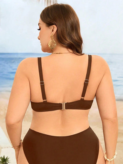 Swim Lushoire Plus Size Women's Simple Solid Color Ribbed Underwire Bikini Top, Suitable For Summer Beach Vacation
