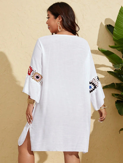 Swim Lushoire Plus Size Women's Single 3/4 Sleeve Crochet Floral Plus Size Beach Cover Up For Summer Beach Vacation