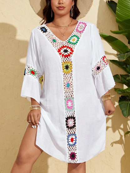 Swim Lushoire Plus Size Women's Single 3/4 Sleeve Crochet Floral Plus Size Beach Cover Up For Summer Beach Vacation