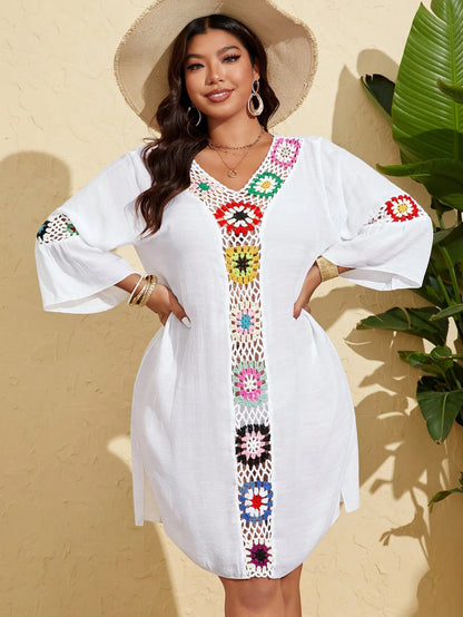 Swim Lushoire Plus Size Women's Single 3/4 Sleeve Crochet Floral Plus Size Beach Cover Up For Summer Beach Vacation