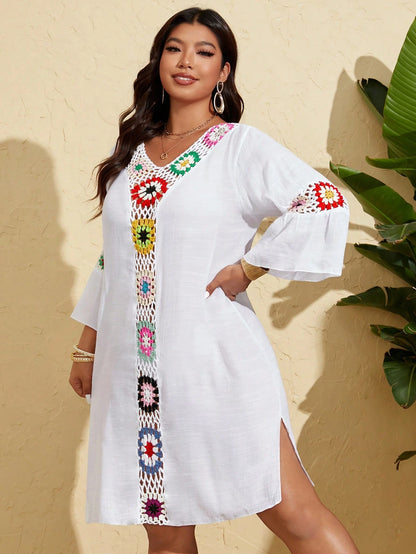 Swim Lushoire Plus Size Women's Single 3/4 Sleeve Crochet Floral Plus Size Beach Cover Up For Summer Beach Vacation