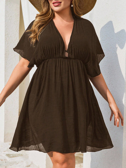 Swim Lushoire Plus Size Women's Solid Color Beach Cover-Up Dress, Casual Basic Style For Summer