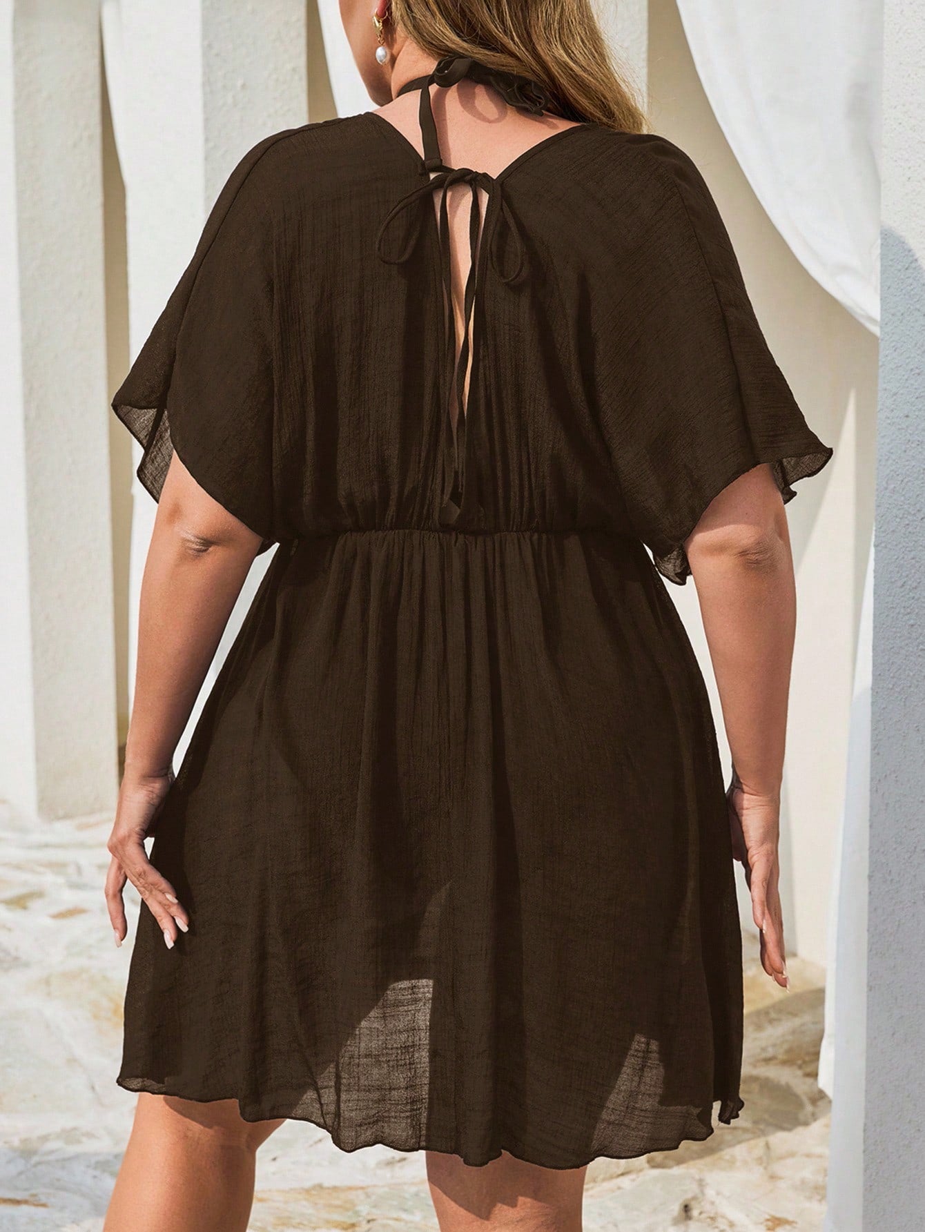 Swim Lushoire Plus Size Women's Solid Color Beach Cover-Up Dress, Casual Basic Style For Summer