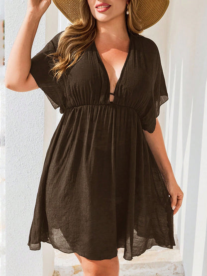 Swim Lushoire Plus Size Women's Solid Color Beach Cover-Up Dress, Casual Basic Style For Summer