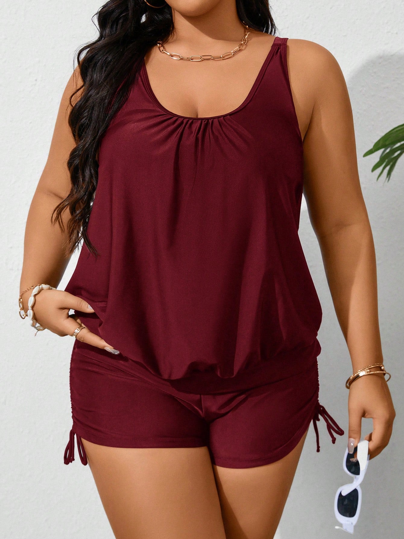 Swim Lushoire Plus Size Women's Solid Color Ruched Tankini Swimwear Summer