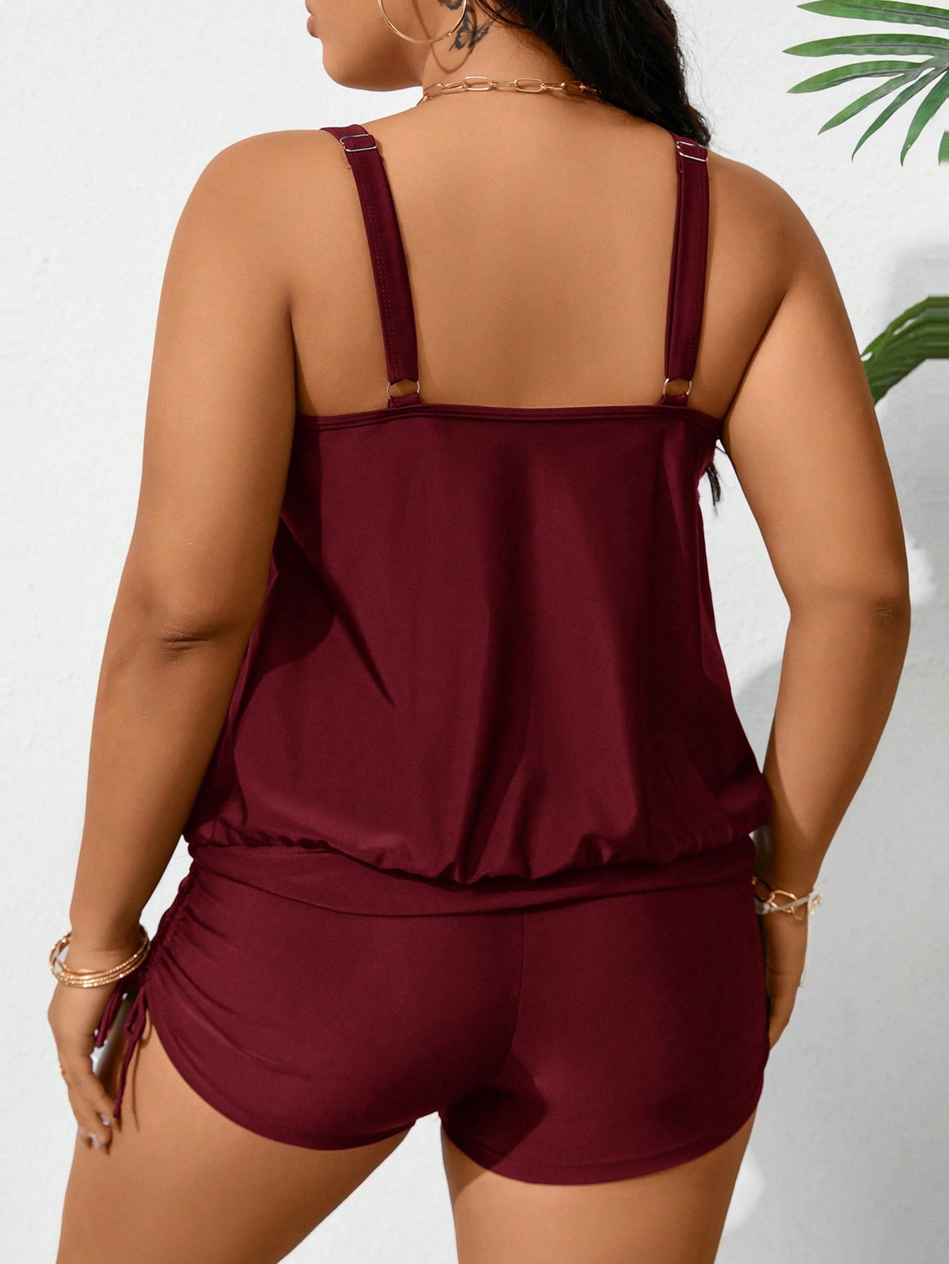Swim Lushoire Plus Size Women's Solid Color Ruched Tankini Swimwear Summer