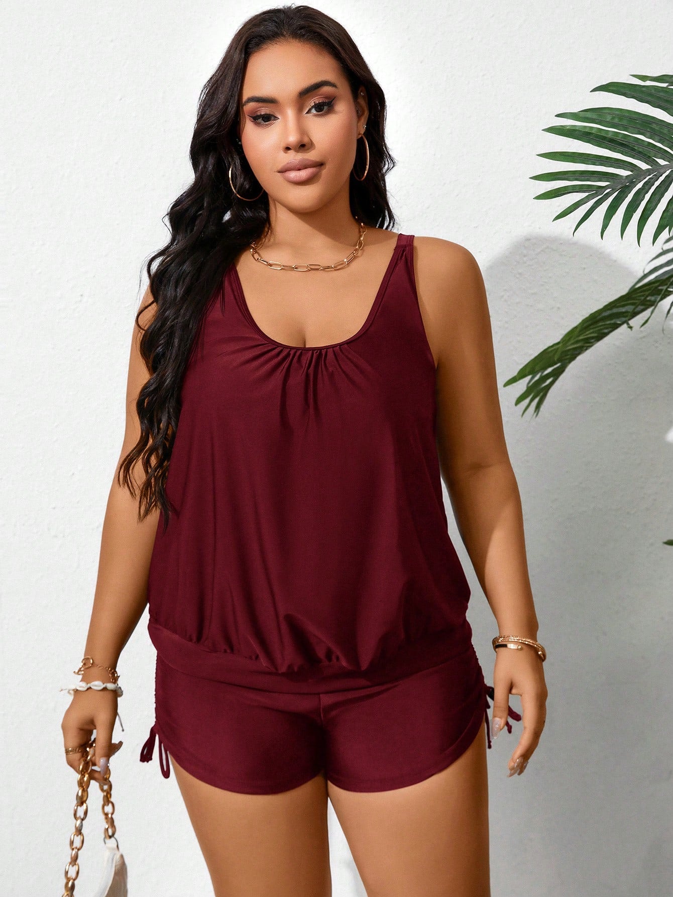 Swim Lushoire Plus Size Women's Solid Color Ruched Tankini Swimwear Summer