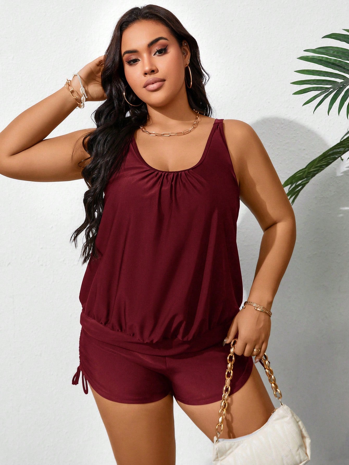Swim Lushoire Plus Size Women's Solid Color Ruched Tankini Swimwear Summer