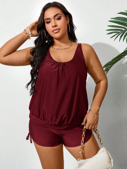 Swim Lushoire Plus Size Women's Solid Color Ruched Tankini Swimwear Summer